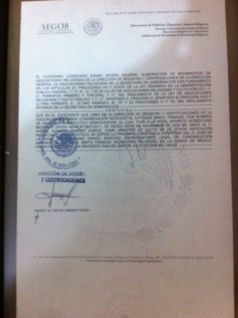 CERTIFICADO DE GOBERNACION CON LA AUTORIZACION PARA SER SACERDOTE